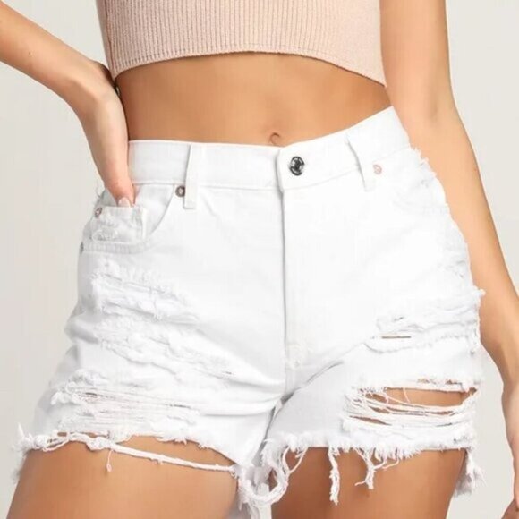 Free People We The free Maggie Mid-Rise White Distressed Shorts - Picture 1 of 9